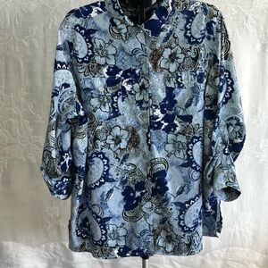 Roaman's Blue Paisley Floral Button-Up Blouse Costal Grandma Boho SZ 24W